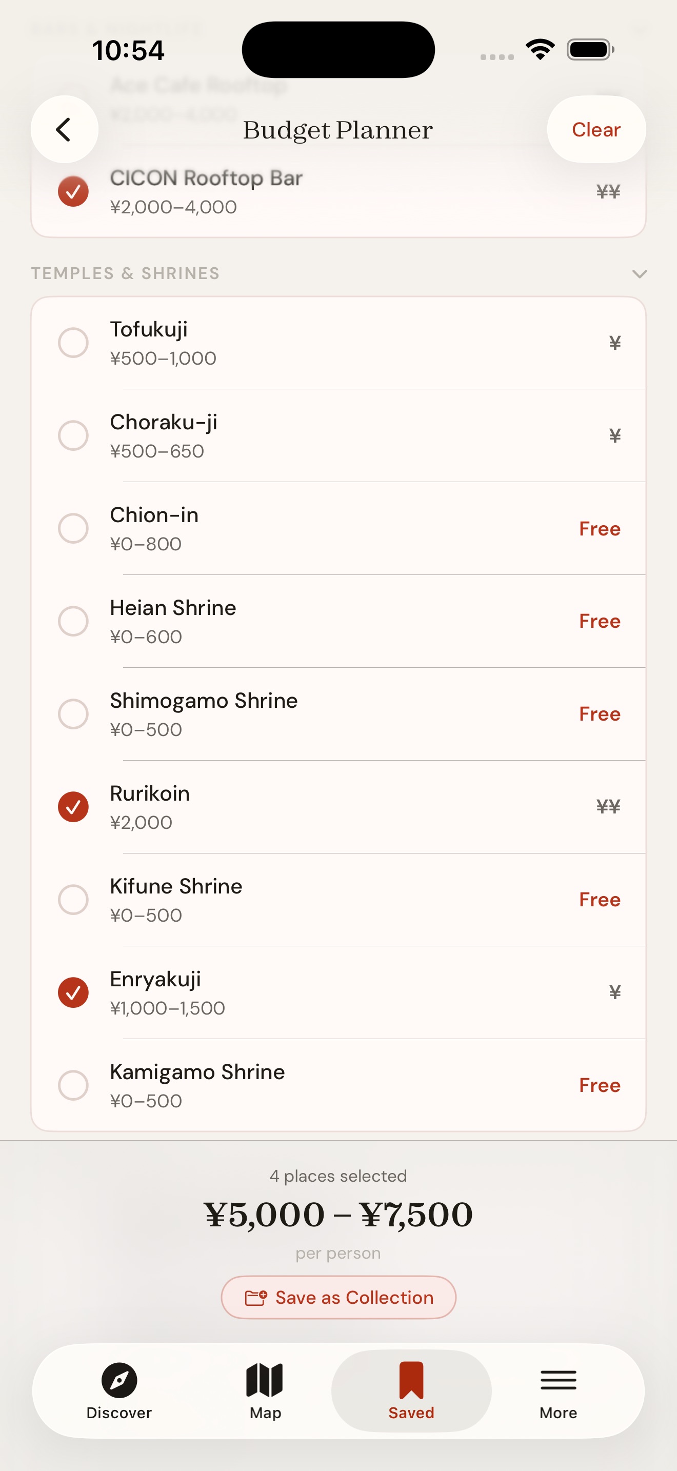Budget Planner showing estimated costs per person for temples and bars with a total at the bottom
