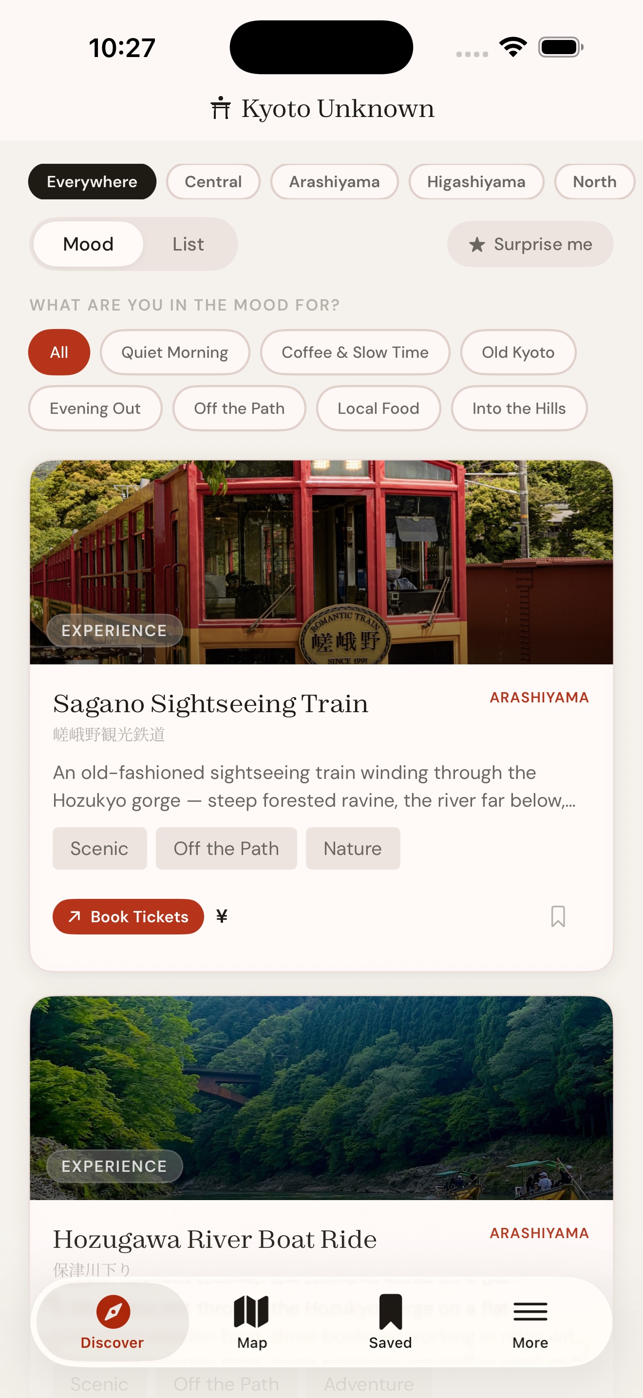 Discover tab in the Kyoto Unknown app showing mood categories including Coffee & Slow Time, Old Kyoto, and Off the Path