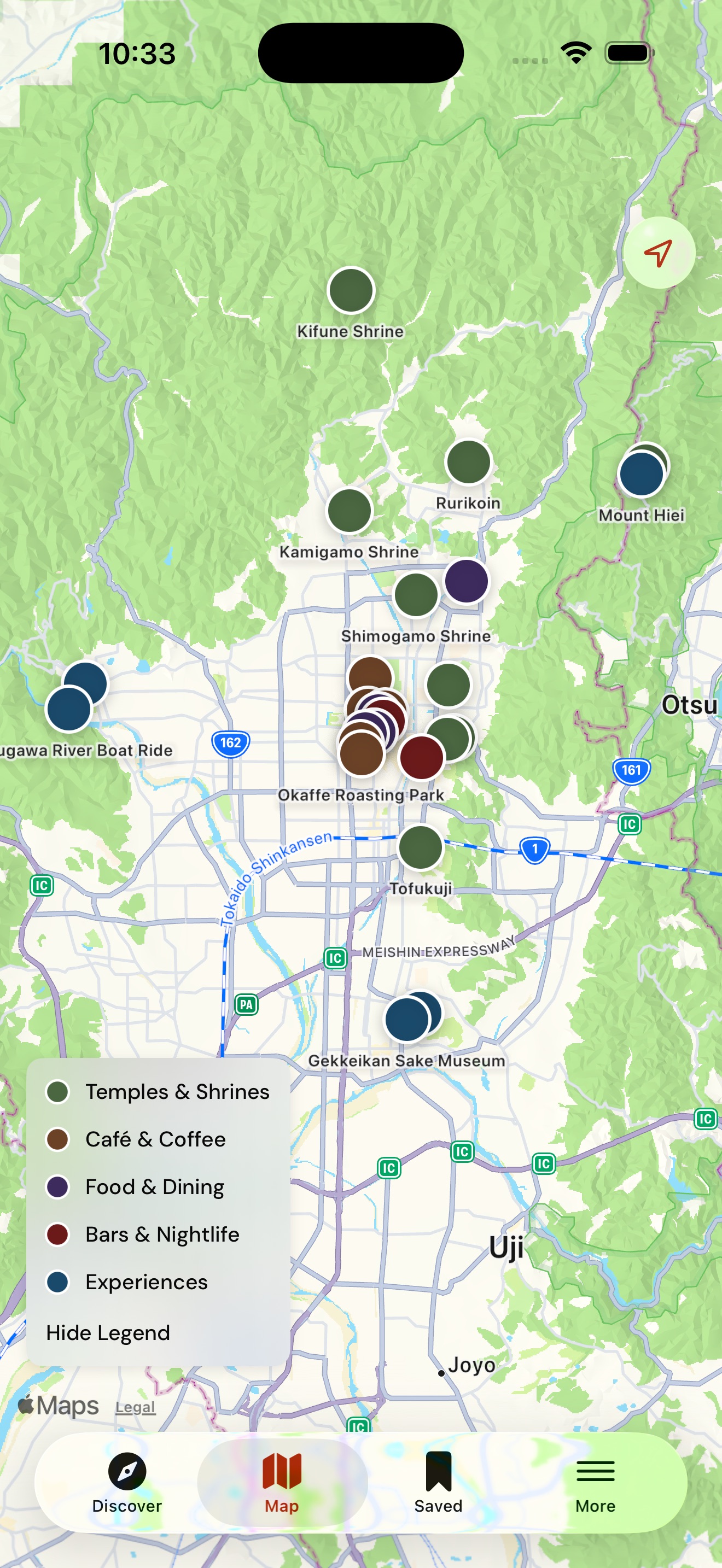 Colour-coded map of Kyoto in the Kyoto Unknown app: green pins for temples, brown for coffee, purple for food, red for bars, blue for experiences
