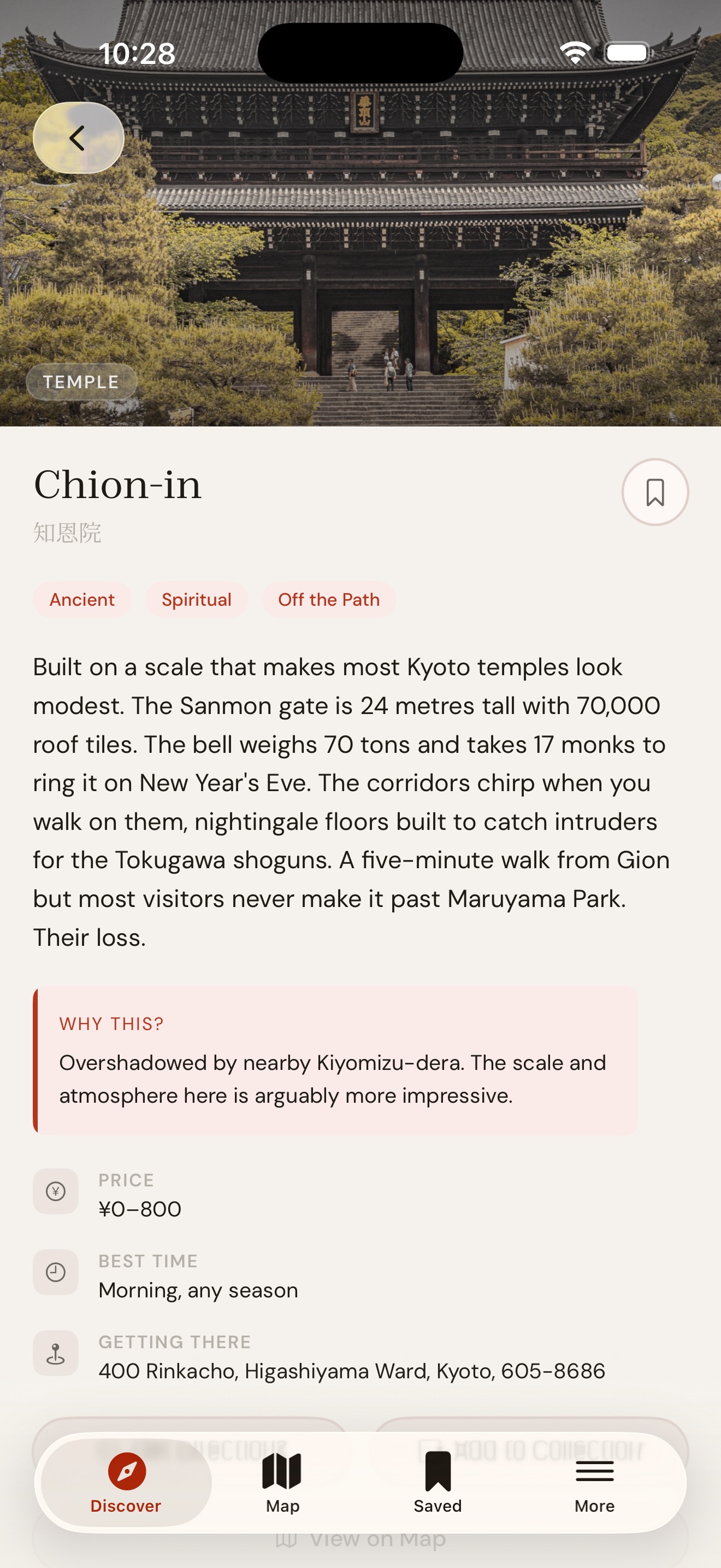 Kyoto Unknown place card showing Japanese name, mood tags, price, best time to visit, and Why this? section