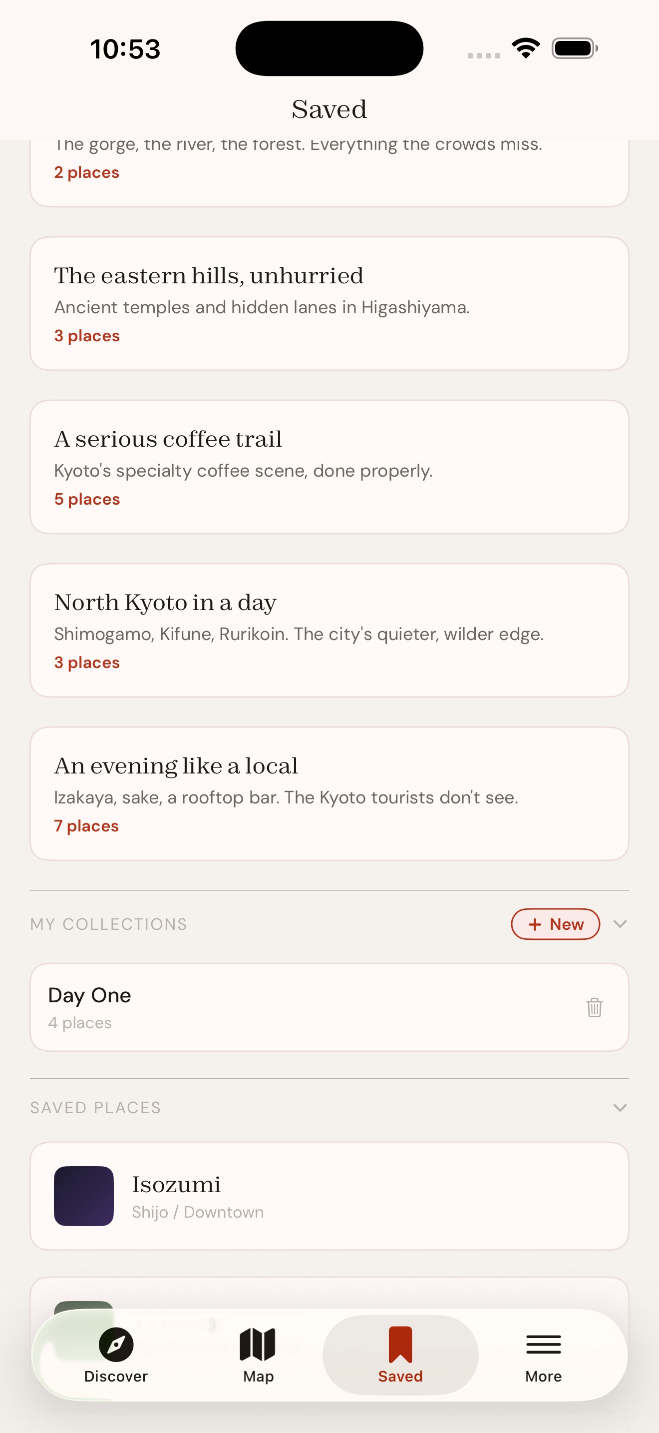 Saved tab in Kyoto Unknown showing curated collections including Arashiyama beyond the bamboo and A serious coffee trail