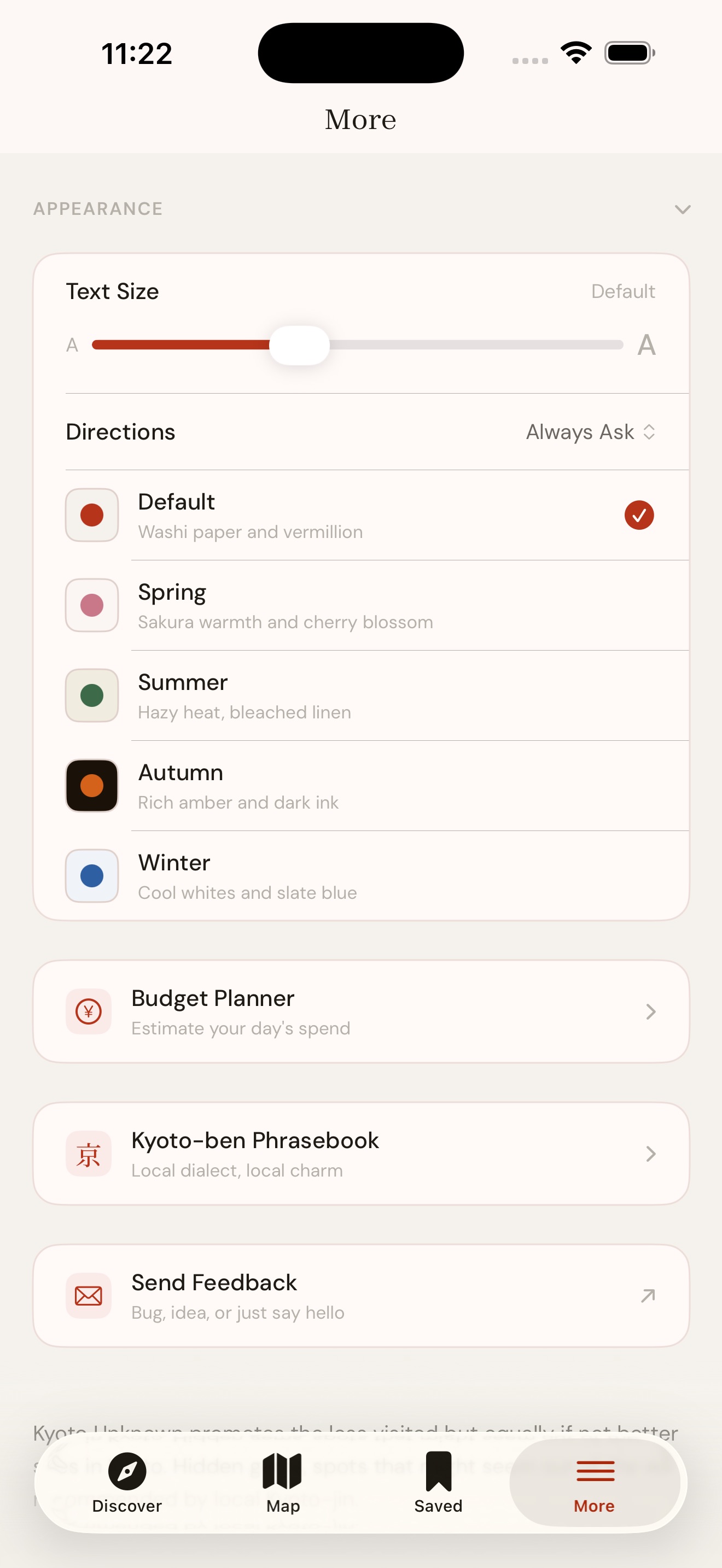 Five seasonal themes in Kyoto Unknown: washi, sakura, summer haze, autumn amber, winter slate