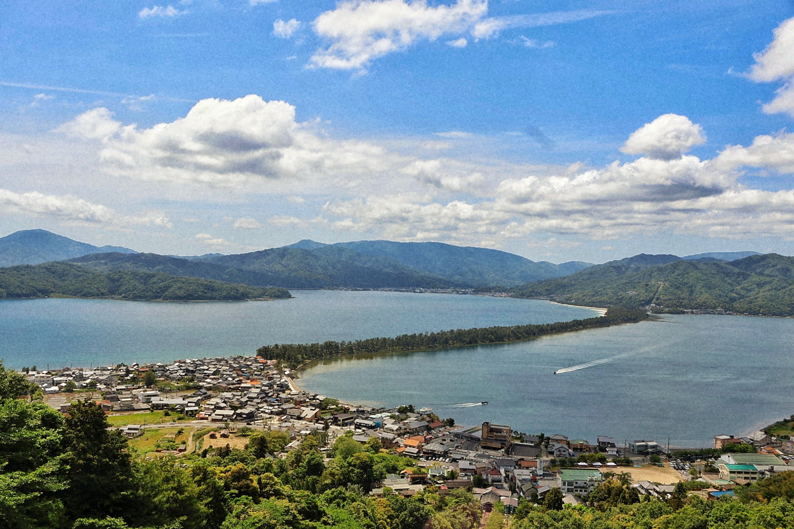 Panoramic view of Amanohashidate sand bar stretching across Miyazu Bay, one of Japan's three great scenic views